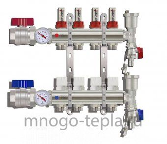 Коллекторная группа Tim (KA004) 1" ВР-ВР, 4 отвода 3/4", расходомер, воздухоотводчик, сливной кран, торцевой кран, термометр - №1