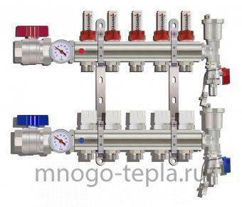 Коллекторная группа Tim (KA005) 1" ВР-ВР, 5 отводов 3/4", расходомер, воздухоотводчик, сливной кран, торцевой кран, термометр - №1