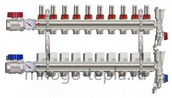 Коллекторная группа Tim (KA010) 1" ВР-ВР, 10 отводов 3/4", расходомер, воздухоотводчик, сливной кран, торцевой кран, термометр - №1
